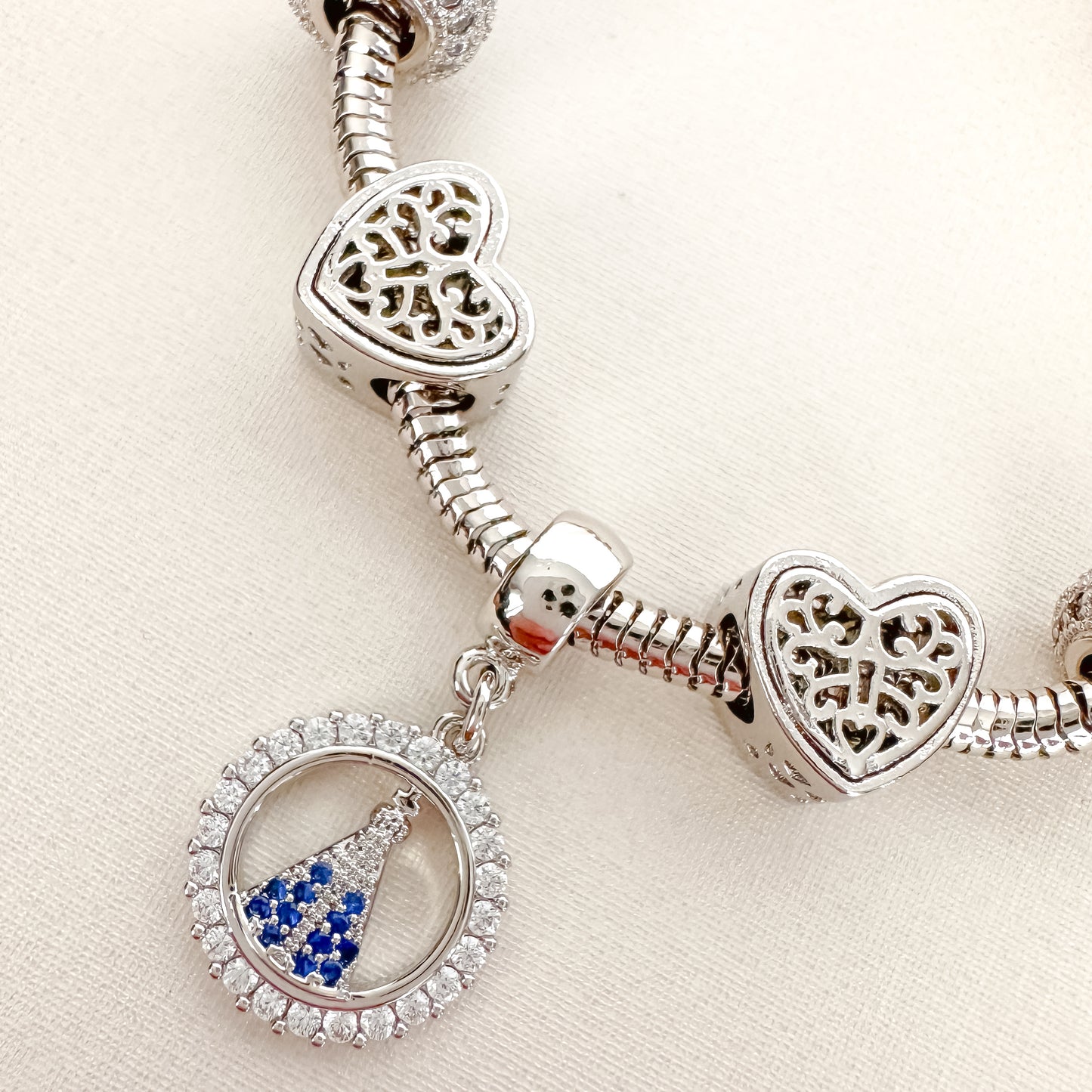 PULSEIRA COMPLETA NOSSA SENHORA FECHO CORAÇÃO - BANHO DE RÓDIO BRANCO