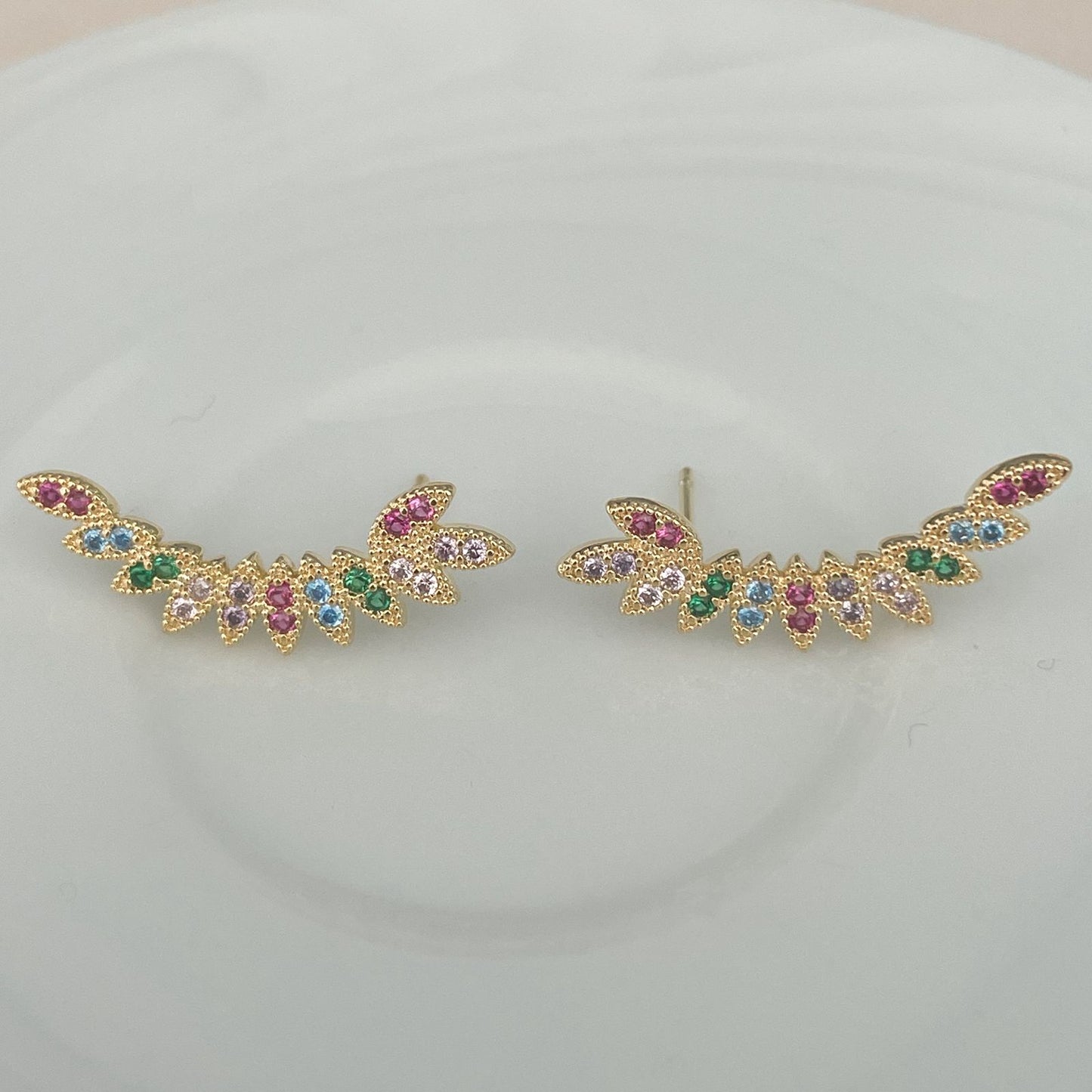 BRINCO FOLHAS COLORIDAS - BANHO DE OURO 18k