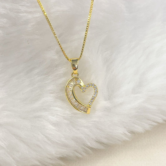 COLAR E PINGENTE CORAÇÃO ZIRCONIA  - BANHO DE OURO 18K