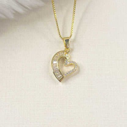 COLAR E PINGENTE CORAÇÃO ZIRCONIA  - BANHO DE OURO 18K