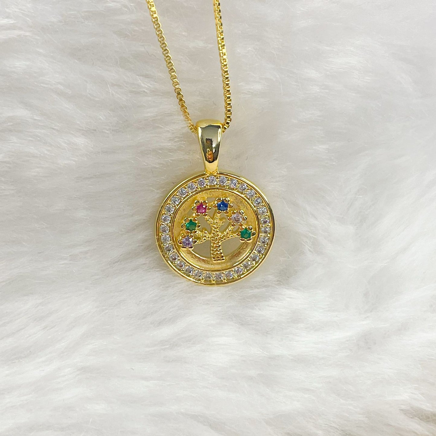 COLAR E PINGENTE ARVORE DA VIDA CRAVEJADO COLORIDO  - BANHO DE OURO 18k