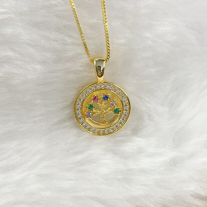 COLAR E PINGENTE ARVORE DA VIDA CRAVEJADO COLORIDO  - BANHO DE OURO 18k