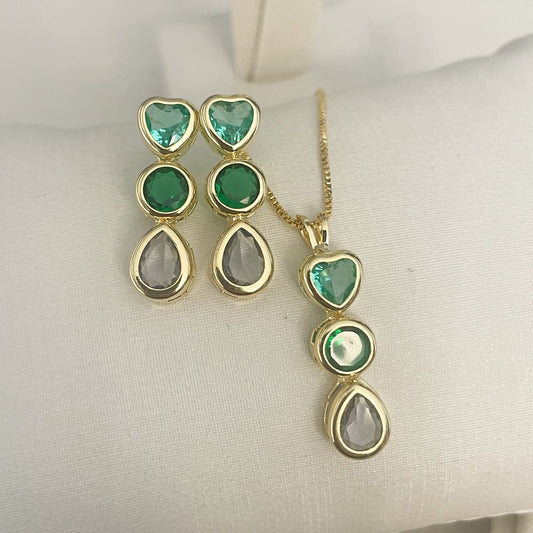 CONJUNTO GREEN STONES - BRINCO E COLAR COM PINGENTE