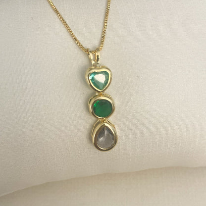 CONJUNTO GREEN STONES - BRINCO E COLAR COM PINGENTE