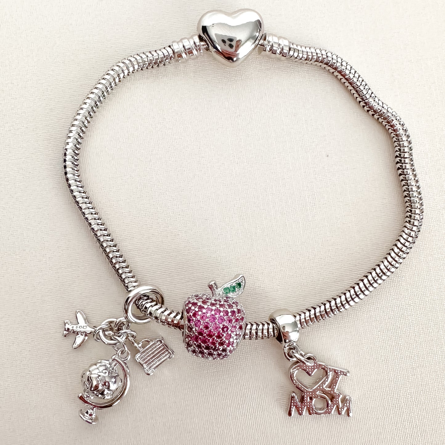 PULSEIRA COMPLETA I LOVE MOM FECHO CORAÇÃO - BANHO DE RÓDIO BRANCO