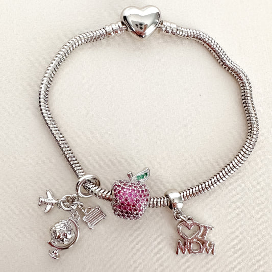 PULSEIRA COMPLETA I LOVE MOM FECHO CORAÇÃO - BANHO DE RÓDIO BRANCO
