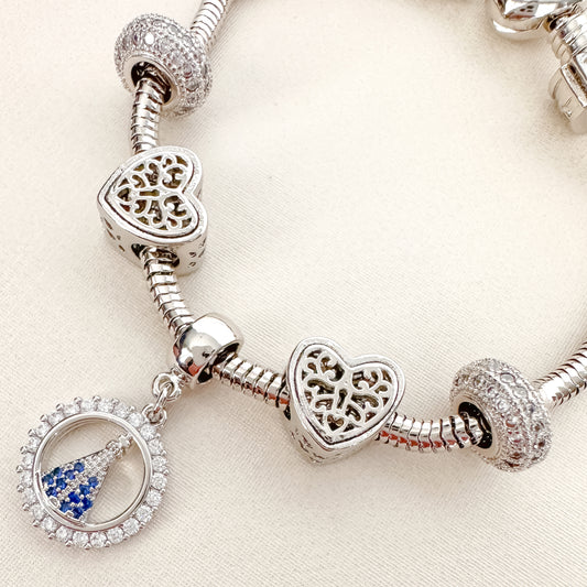 PULSEIRA COMPLETA NOSSA SENHORA FECHO CORAÇÃO - BANHO DE RÓDIO BRANCO