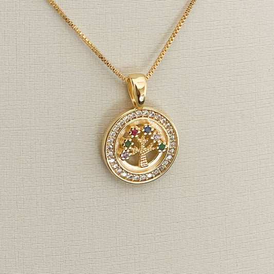 COLAR E PINGENTE ARVORE DA VIDA CRAVEJADO COLORIDO  - BANHO DE OURO 18k