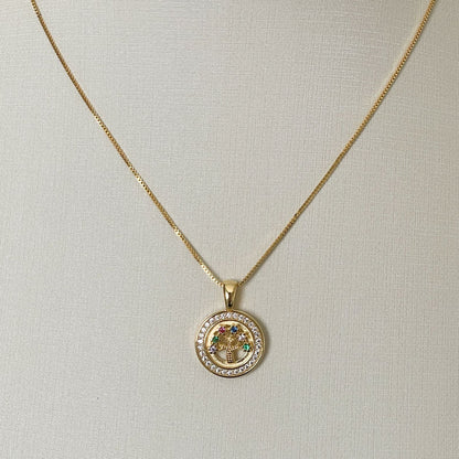 COLAR E PINGENTE ARVORE DA VIDA CRAVEJADO COLORIDO  - BANHO DE OURO 18k