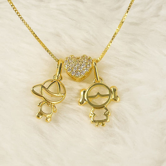 COLAR E PINGENTE CASAL DE FILHOS  - BANHO DE OURO 18k